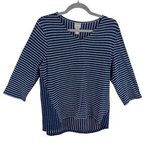 Chico's Cotton Navy White Striped 3/4 Sleeve V-Neck Light Knit Top‎ Nautical L
